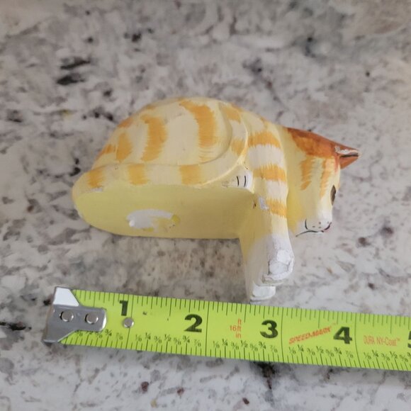 Handpainted Wooden Cat Figurine Yellow & White 2.5" Adorable Striped Design Home - Picture 5 of 8